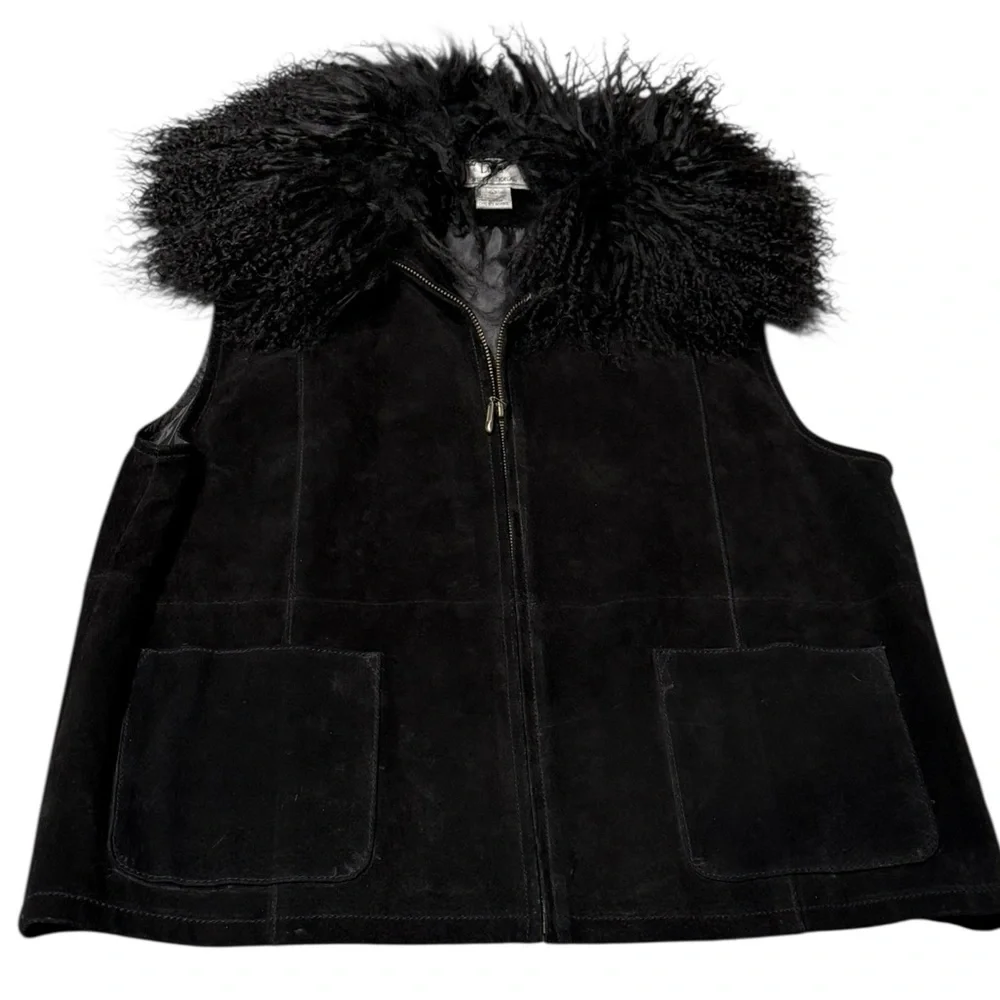 Vintage‎ Penny Lane Lisa International Black 100% Suede Fur Trim Vest- Women's L